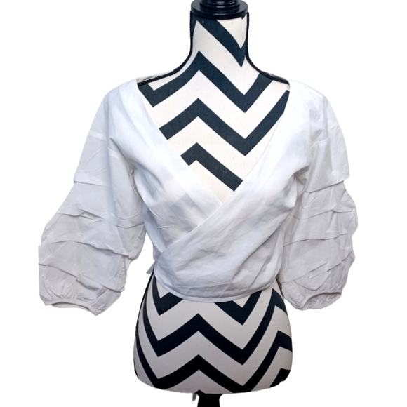 Revolve Bardot Puff Sleeve Wrap Crop Top - Picture 3 of 15